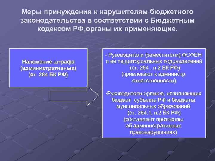 Меры принуждения к нарушителям бюджетного законодательства в соответствии с Бюджетным кодексом РФ, органы их