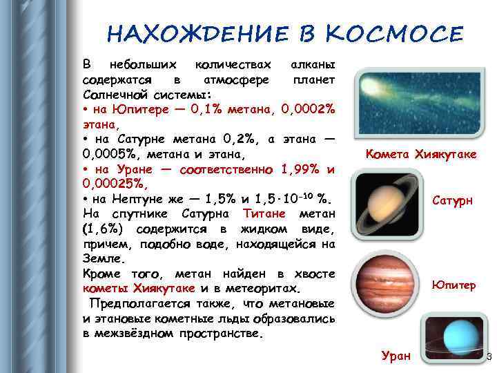 НАХОЖДЕНИЕ В КОСМОСЕ В небольших количествах алканы содержатся в атмосфере планет Солнечной системы: •