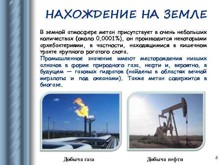НАХОЖДЕНИЕ НА ЗЕМЛЕ В земной атмосфере метан присутствует в очень небольших количествах (около 0,