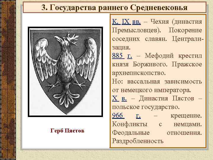 3. Государства раннего Средневековья Герб Пястов К. IX вв. – Чехия (династия Премысловцев). Покорение