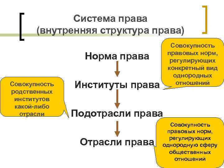 Система права (внутренняя структура права) Совокупность правовых норм, регулирующих конкретный вид однородных отношений Норма