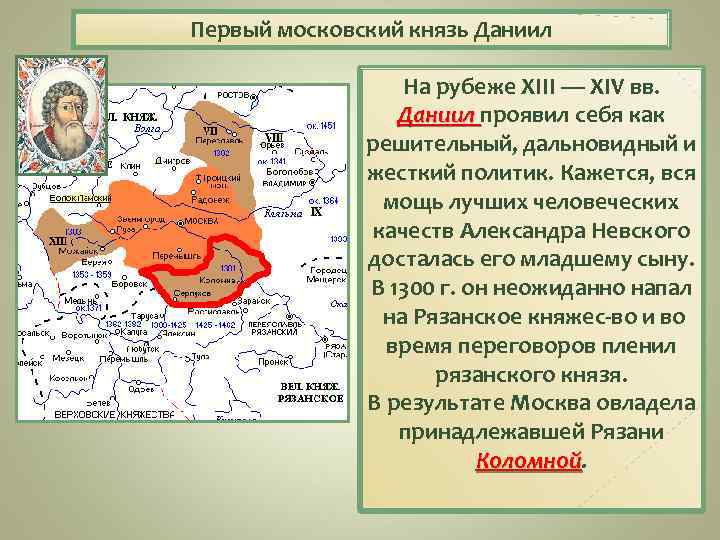 Первый московский князь Даниил На рубеже XIII — XIV вв. Даниил проявил себя как