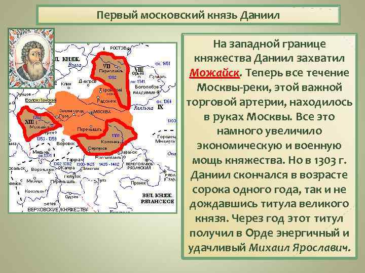 Первый московский князь Даниил На западной границе княжества Даниил захватил Можайск. Теперь все течение