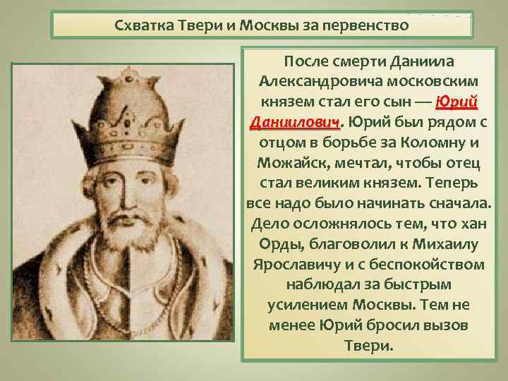 Схватка Твери и Москвы за первенство После смерти Даниила Александровича московским князем стал его