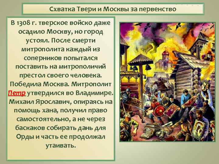 Схватка Твери и Москвы за первенство В 1308 г. тверское войско даже осадило Москву,