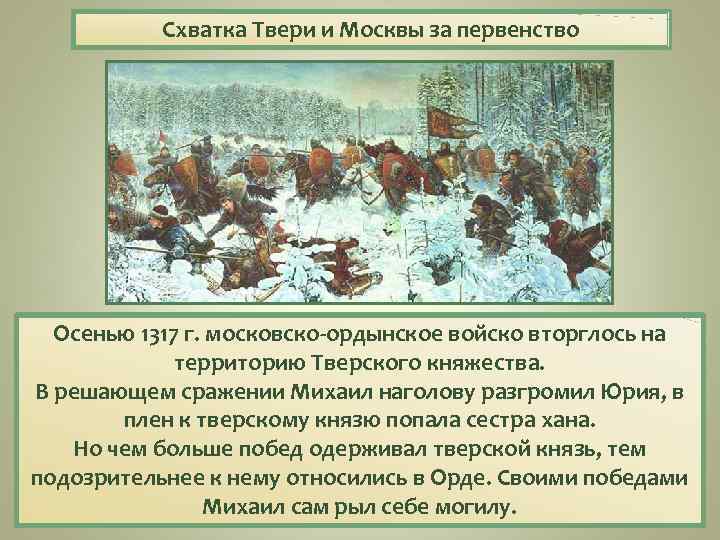 Схватка Твери и Москвы за первенство Осенью 1317 г. московско ордынское войско вторглось на