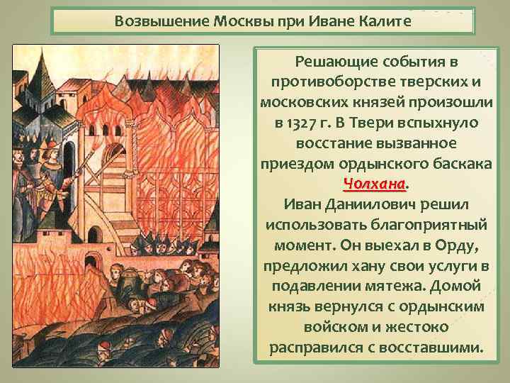 Возвышение Москвы при Иване Калите Решающие события в противоборстве тверских и московских князей произошли