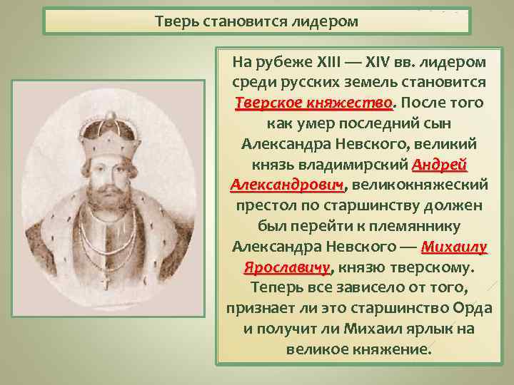 Тверь становится лидером На рубеже XIII — XIV вв. лидером среди русских земель становится