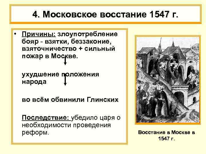 4. Московское восстание 1547 г. • Причины: злоупотребление бояр - взятки, беззаконие, взяточничество +