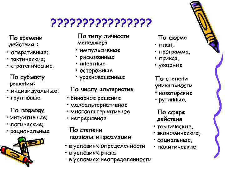 ? ? ? ? По времени действия : • оперативные; • тактические; • стратегические.