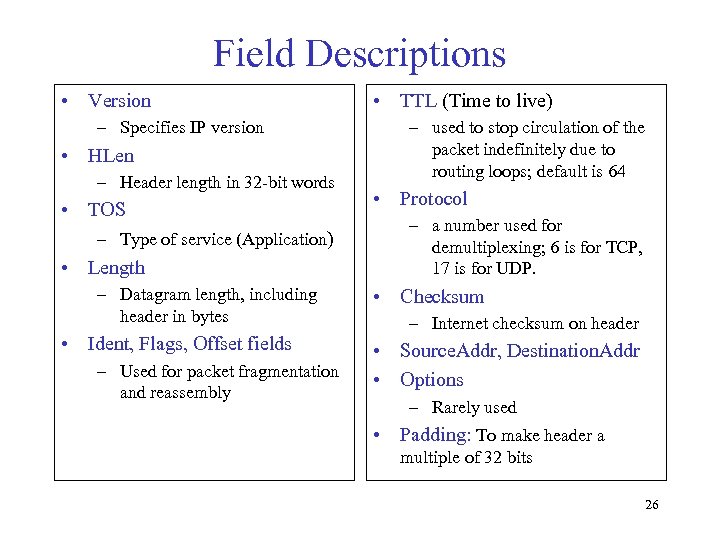 Field Descriptions • Version – Specifies IP version • HLen – Header length in