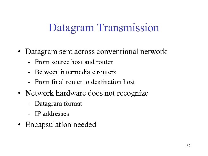Datagram Transmission • Datagram sent across conventional network - From source host and router