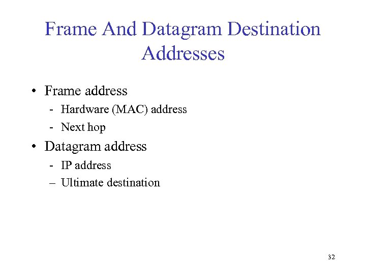 Frame And Datagram Destination Addresses • Frame address - Hardware (MAC) address - Next