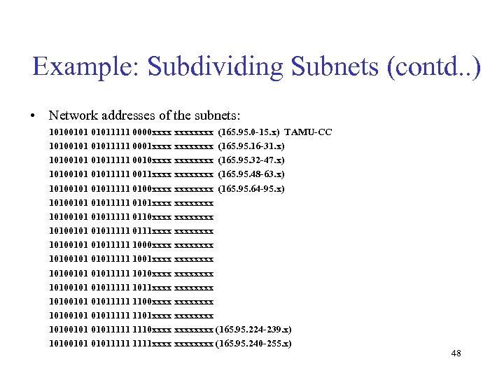 Example: Subdividing Subnets (contd. . ) • Network addresses of the subnets: 101001011111 0000