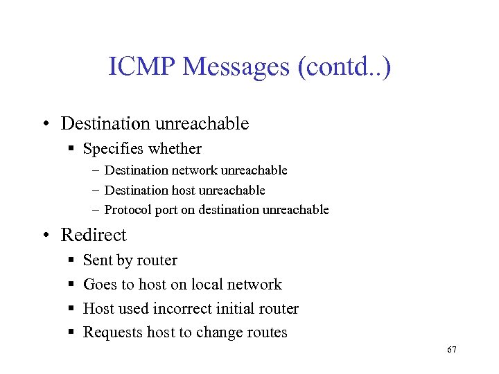 ICMP Messages (contd. . ) • Destination unreachable § Specifies whether – Destination network