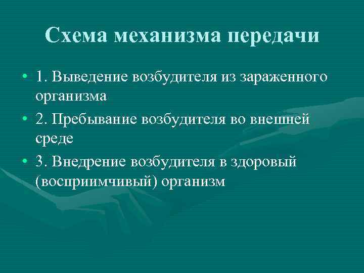 Схема механизма передачи • 1. Выведение возбудителя из зараженного организма • 2. Пребывание возбудителя