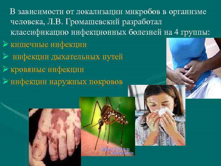 В зависимости от локализации микробов в организме человека, Л. В. Громашевский разработал классификацию инфекционных