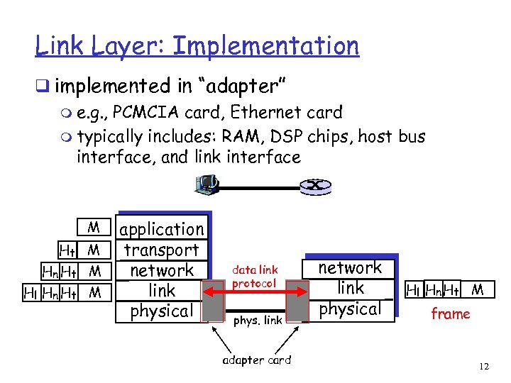 Link Layer: Implementation q implemented in “adapter” m e. g. , PCMCIA card, Ethernet