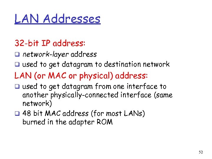 LAN Addresses 32 -bit IP address: q network-layer address q used to get datagram