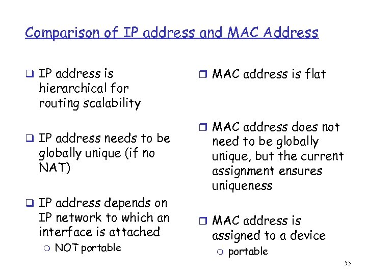 Comparison of IP address and MAC Address q IP address is hierarchical for routing