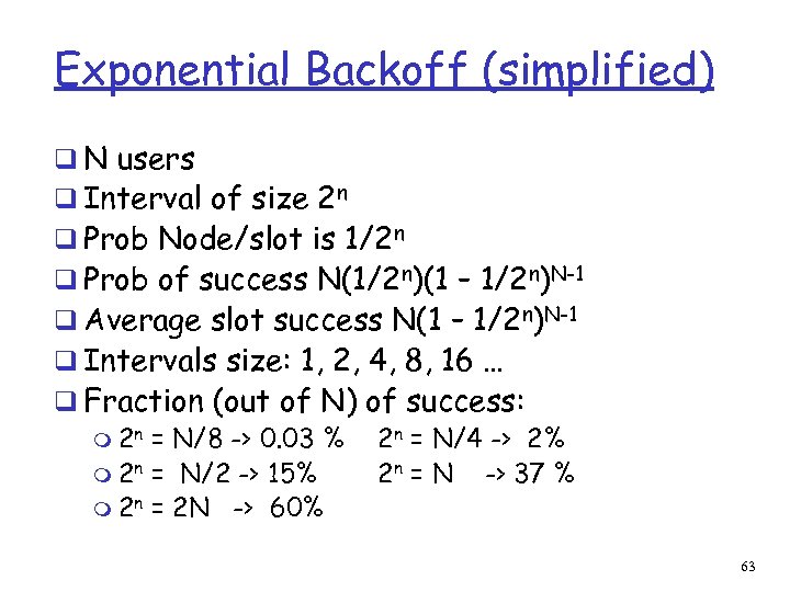 Exponential Backoff (simplified) q N users q Interval of size 2 n q Prob