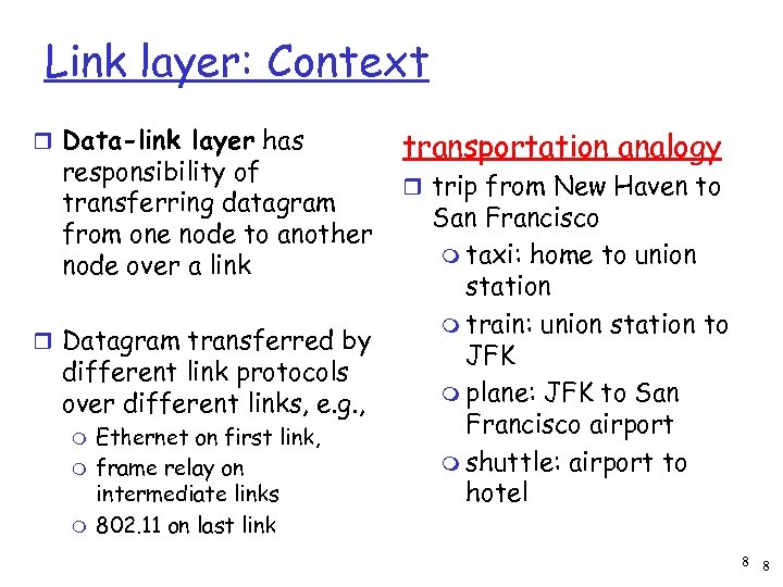 Link layer: Context r Data-link layer has responsibility of transferring datagram from one node