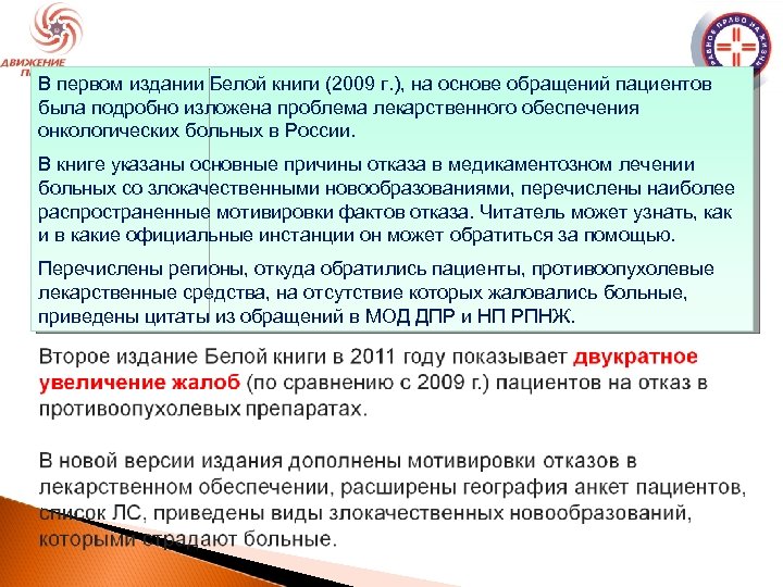В первом издании Белой книги (2009 г. ), на основе обращений пациентов была подробно