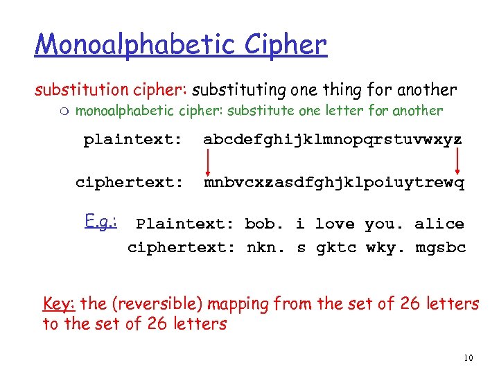 Monoalphabetic Cipher substitution cipher: substituting one thing for another m monoalphabetic cipher: substitute one
