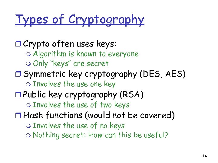 Types of Cryptography r Crypto often uses keys: m Algorithm is known to everyone
