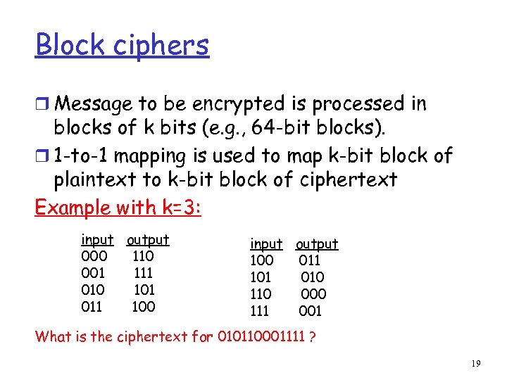 Block ciphers r Message to be encrypted is processed in blocks of k bits