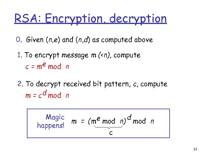RSA: Encryption, decryption 0. Given (n, e) and (n, d) as computed above 1.