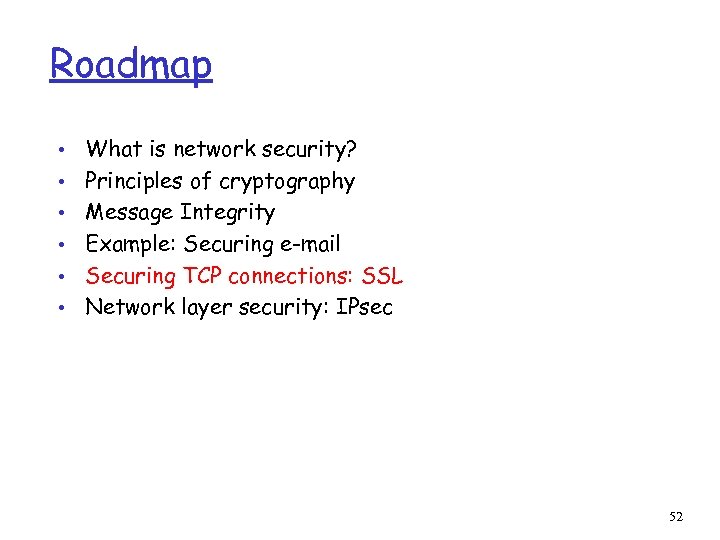 Roadmap • • • What is network security? Principles of cryptography Message Integrity Example: