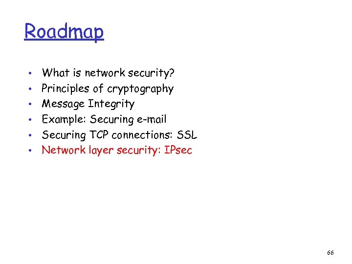 Roadmap • • • What is network security? Principles of cryptography Message Integrity Example: