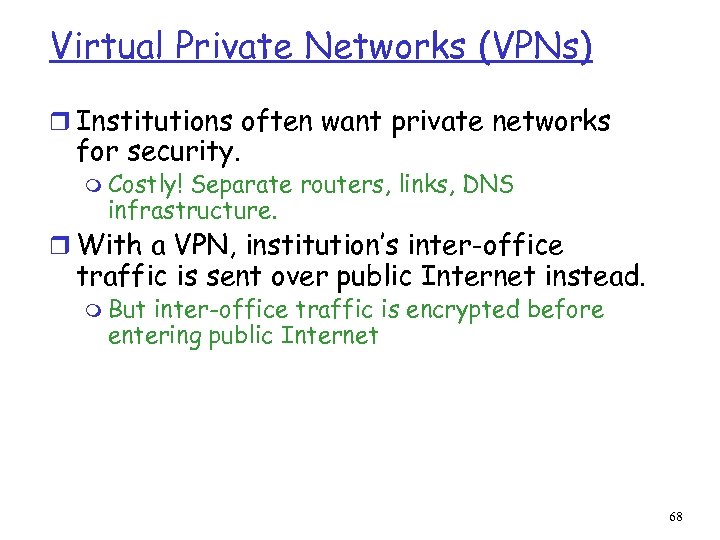 Virtual Private Networks (VPNs) r Institutions often want private networks for security. m Costly!