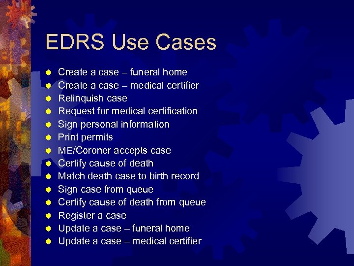 EDRS Use Cases ® ® ® ® Create a case – funeral home Create