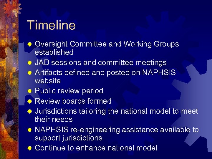 Timeline ® ® ® ® Oversight Committee and Working Groups established JAD sessions and