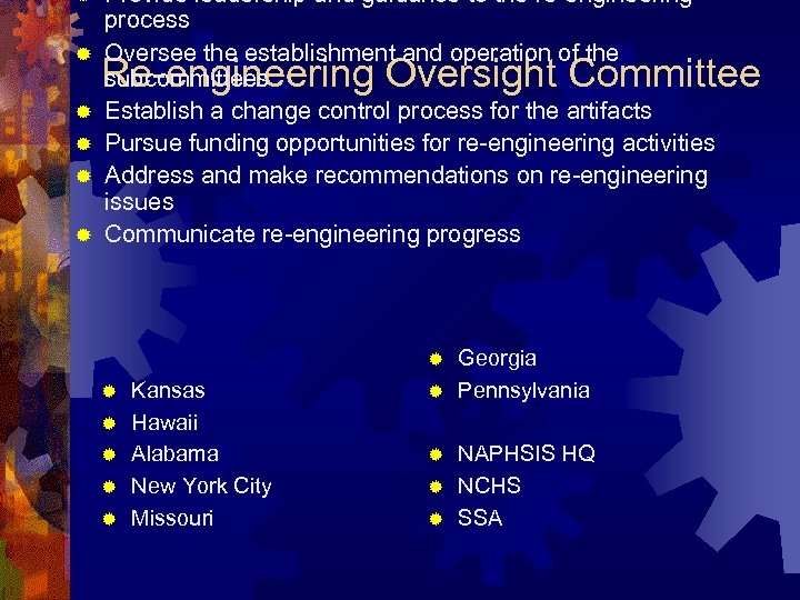 ® ® ® Provide leadership and guidance to the re-engineering process Oversee the establishment