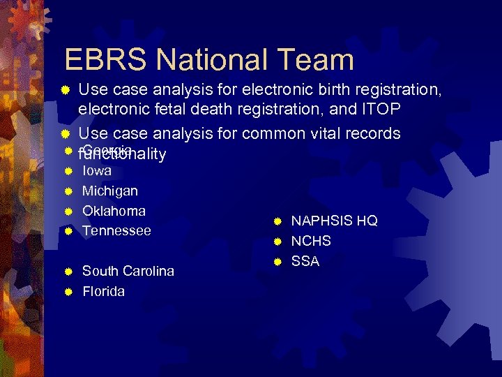 EBRS National Team Use case analysis for electronic birth registration, electronic fetal death registration,