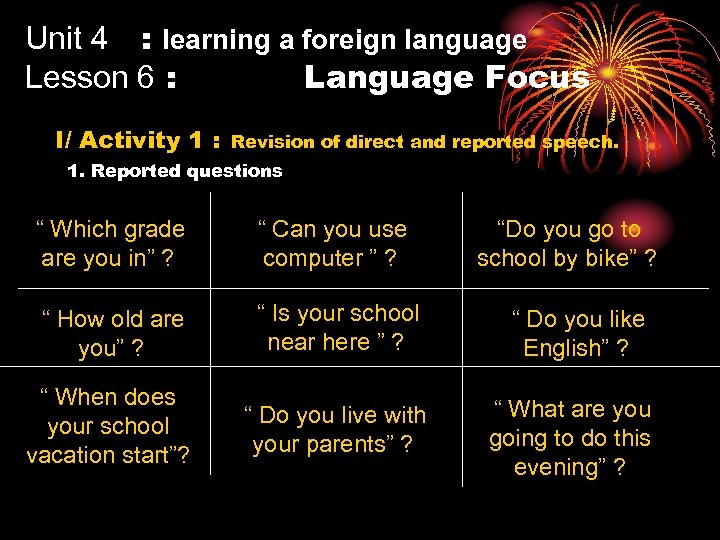 Unit 4 : learning a foreign language Lesson 6 : Language Focus I/ Activity