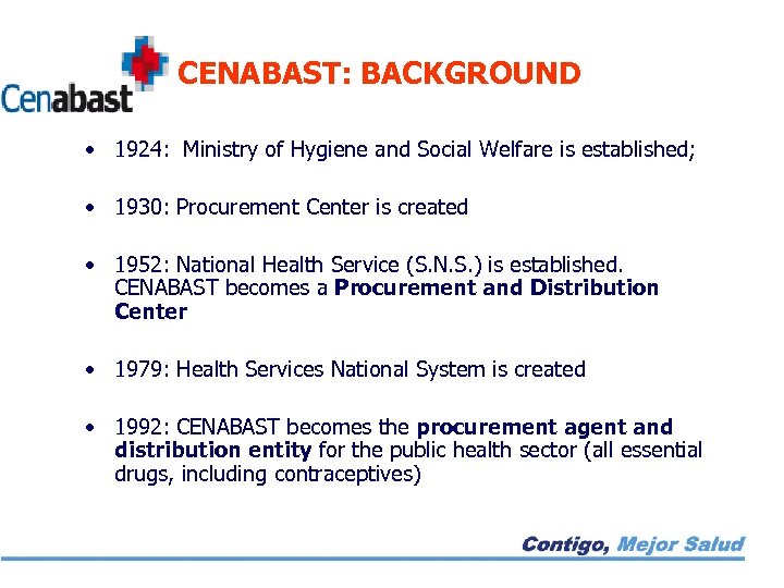 CENABAST: BACKGROUND • 1924: Ministry of Hygiene and Social Welfare is established; • 1930: