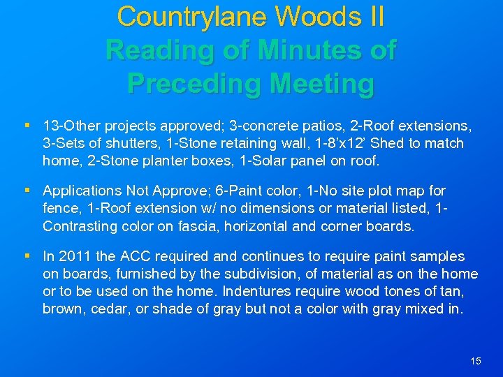 Countrylane Woods II Reading of Minutes of Preceding Meeting § 13 -Other projects approved;