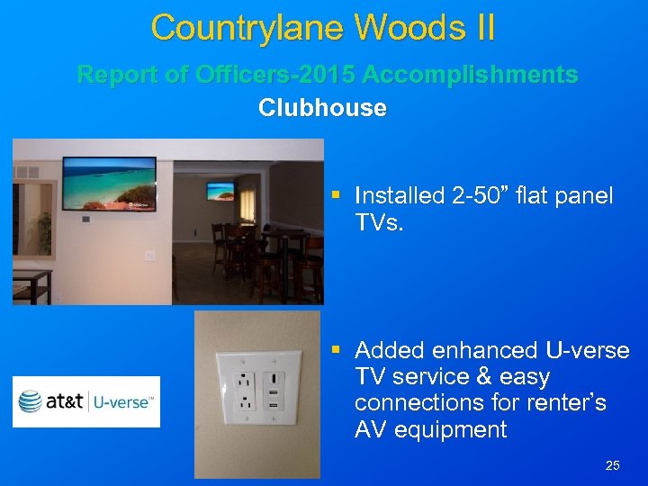Countrylane Woods II Report of Officers-2015 Accomplishments Clubhouse § Installed 2 -50” flat panel