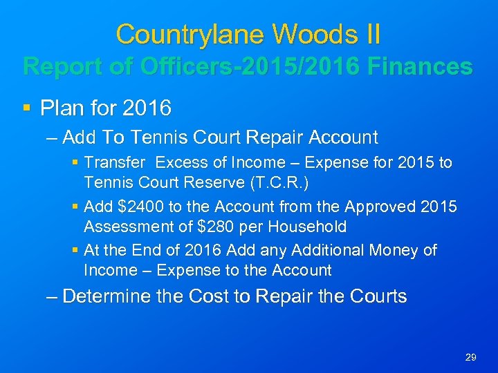 Countrylane Woods II Report of Officers-2015/2016 Finances § Plan for 2016 – Add To