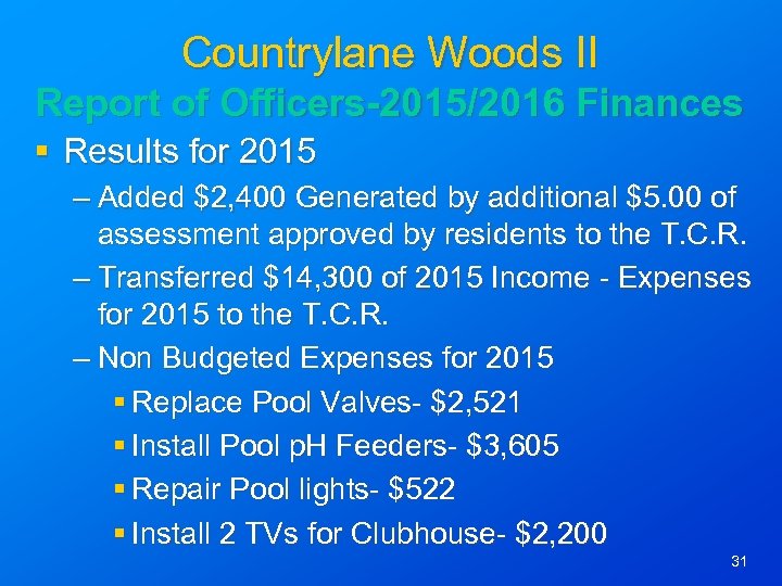 Countrylane Woods II Report of Officers-2015/2016 Finances § Results for 2015 – Added $2,