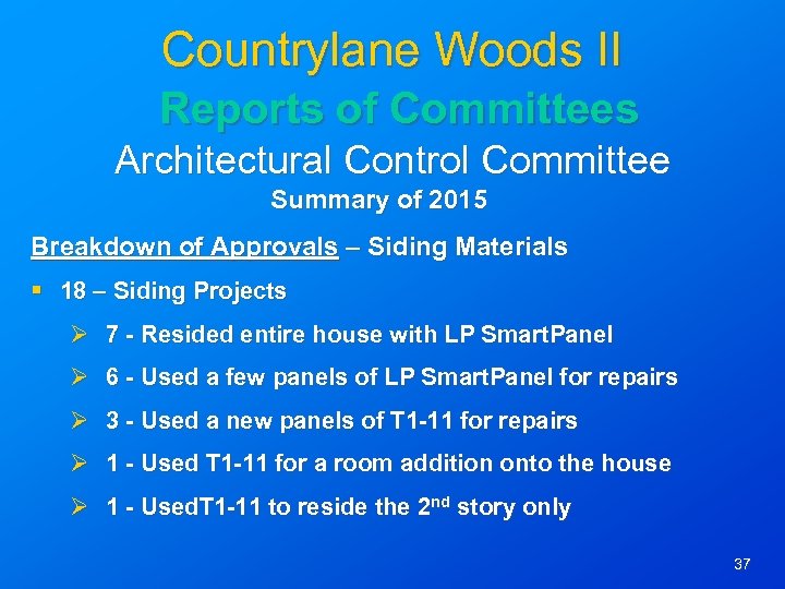 Countrylane Woods II Reports of Committees Architectural Control Committee Summary of 2015 Breakdown of