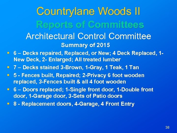 Countrylane Woods II Reports of Committees Architectural Control Committee Summary of 2015 § 6