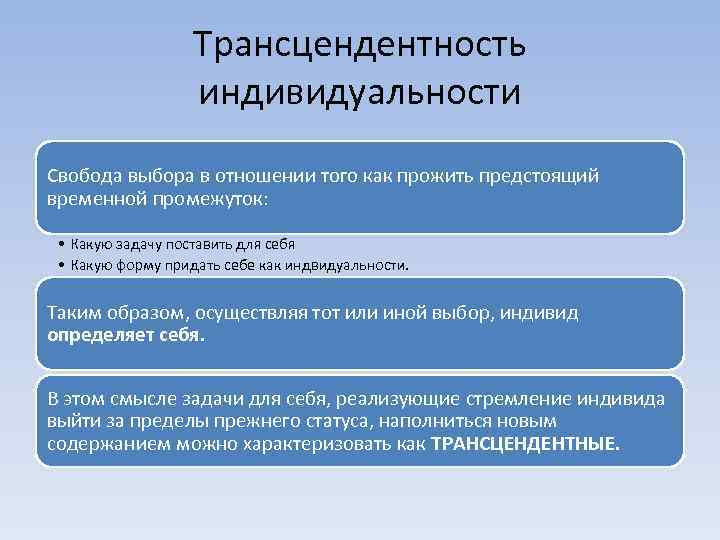 Трансцендентность индивидуальности Свобода выбора в отношении того как прожить предстоящий временной промежуток: • Какую