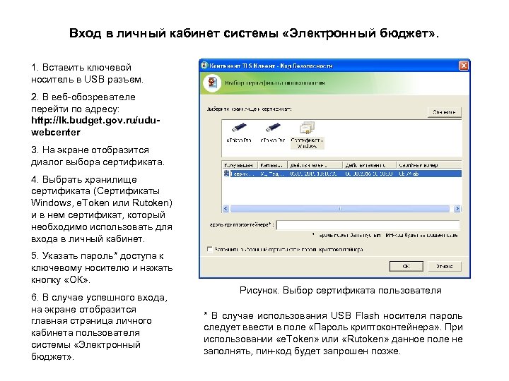 Вход в личный кабинет системы «Электронный бюджет» . 1. Вставить ключевой носитель в USB