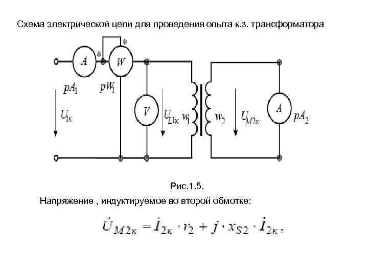 Схема электрической цепи для проведения опыта к. з. трансформатора Рис. 1. 5. Напряжение ,