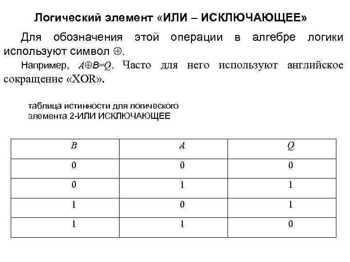 Логический элемент «ИЛИ – ИСКЛЮЧАЮЩЕЕ» Для обозначения этой операции в алгебре логики используют символ
